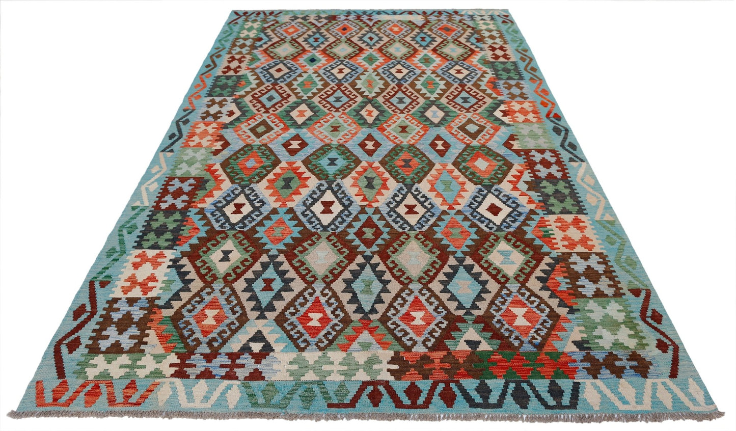 Handwoven Afghan Maimana kilim rug featuring a colorful geometric diamond pattern on a blue border.