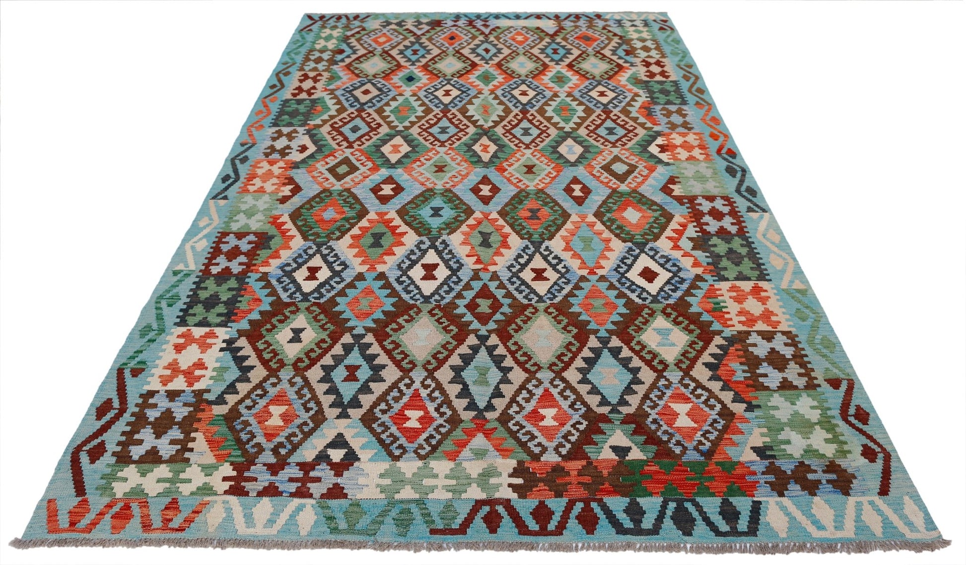 Handwoven Afghan Maimana kilim rug featuring a colorful geometric diamond pattern on a blue border.