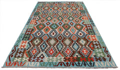 Handwoven Afghan Maimana kilim rug featuring a colorful geometric diamond pattern on a blue border.
