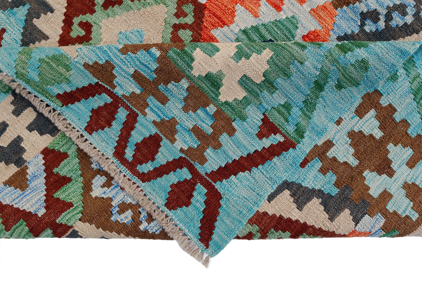 A handwoven Afghan Maimana kilim featuring a geometric pattern in blue, green, and brown wool.
