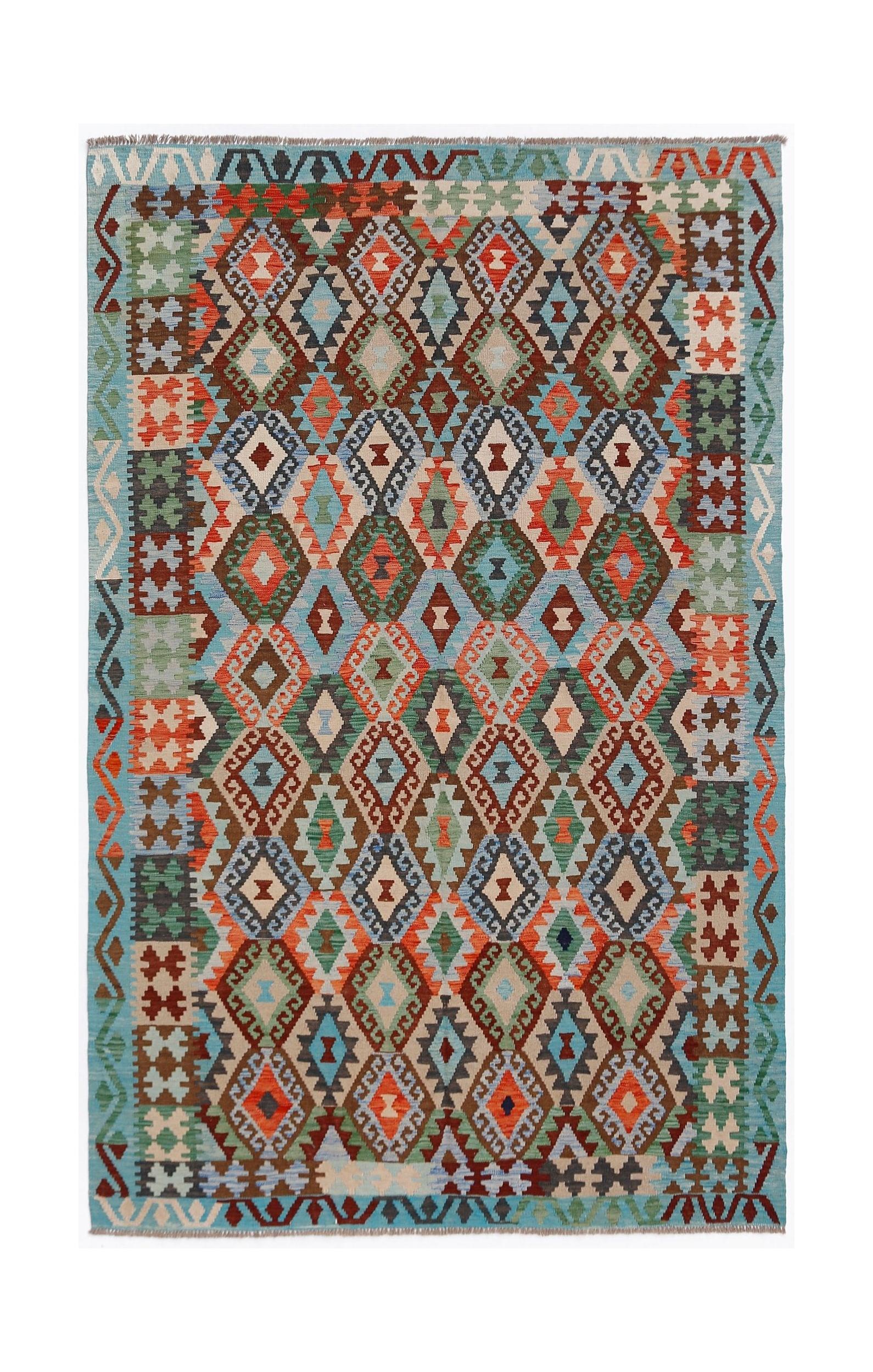 Handwoven Afghan Maimana kilim rug featuring a colorful geometric diamond pattern.