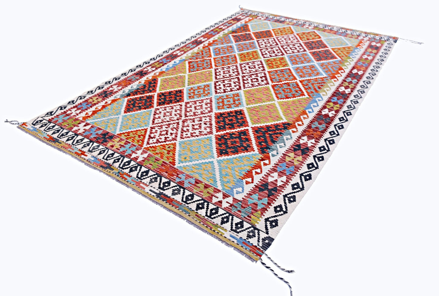 Handwoven Afghan Maimana kilim rug featuring a colorful geometric diamond pattern.