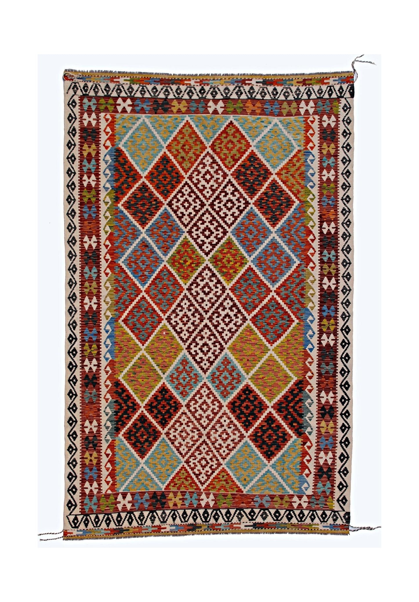 Handwoven Afghan Maimana kilim featuring a colorful geometric diamond pattern on a flatweave wool.