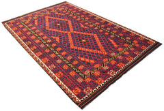 Handwoven Afghan Maimana kilim featuring a geometric diamond pattern in red, blue, and orange.