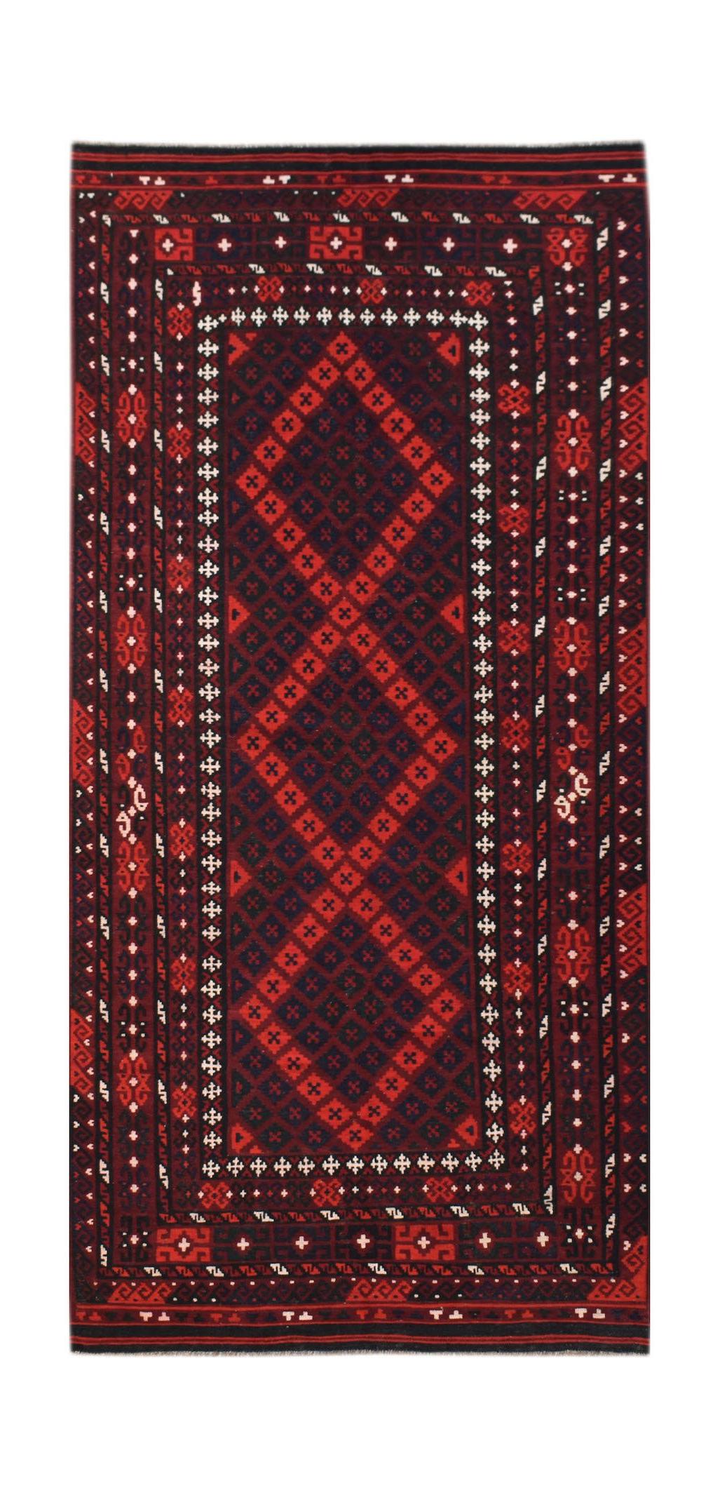 Handwoven Afghan Maimana kilim featuring a geometric diamond pattern in deep red and black wool.