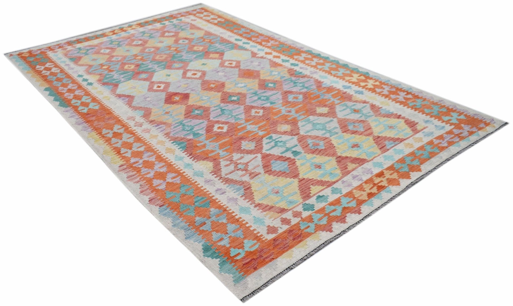 A rectangular Afghan Maimana kilim rug featuring a geometric diamond pattern in orange and blue.