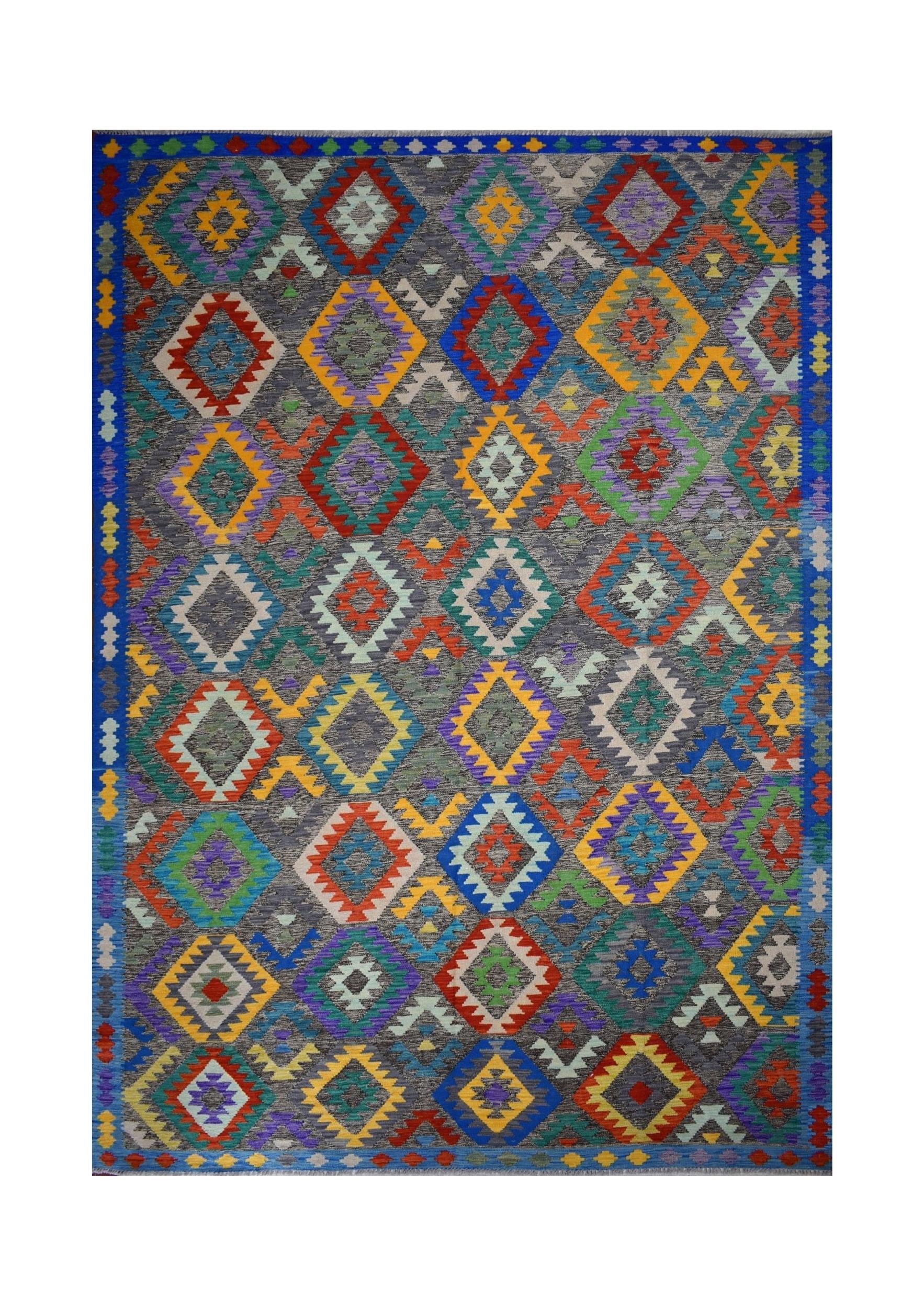 Handmade Afghan Maimana kilim rug featuring a colorful geometric diamond pattern on a grey field.