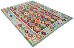 Handwoven Afghan Maimana kilim rug featuring a vibrant geometric diamond pattern in wool.