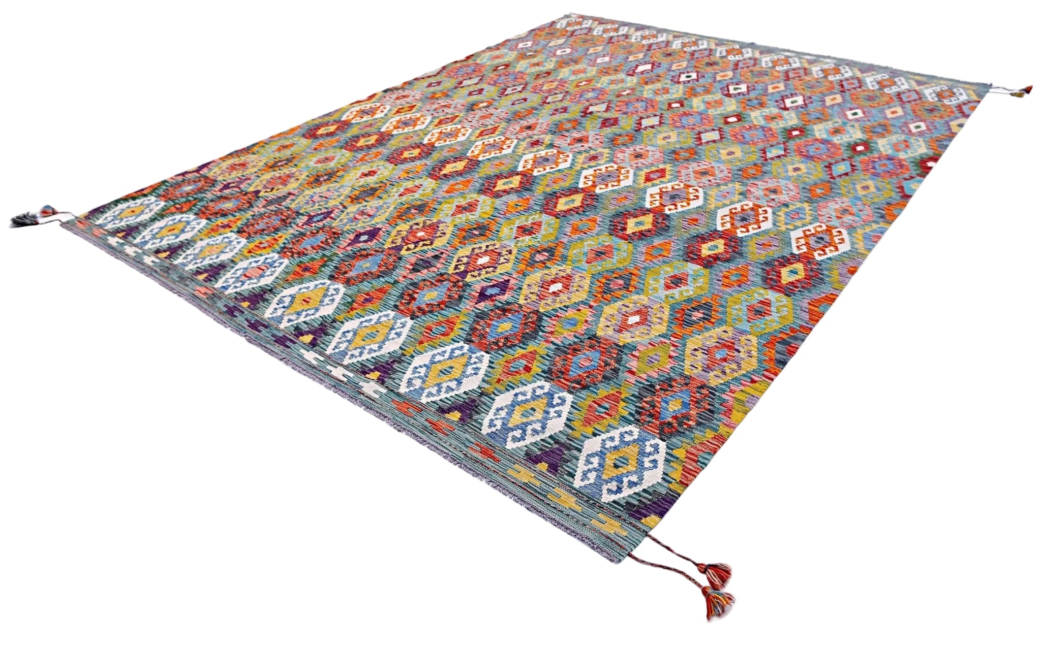 Handwoven Afghan Maimana kilim rug featuring a colorful geometric diamond pattern.