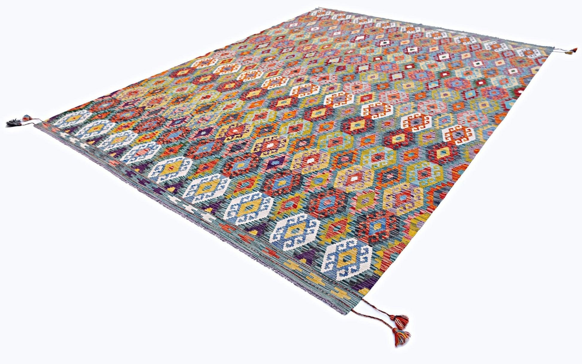 Handwoven Afghan Maimana kilim rug featuring a colorful geometric diamond pattern.