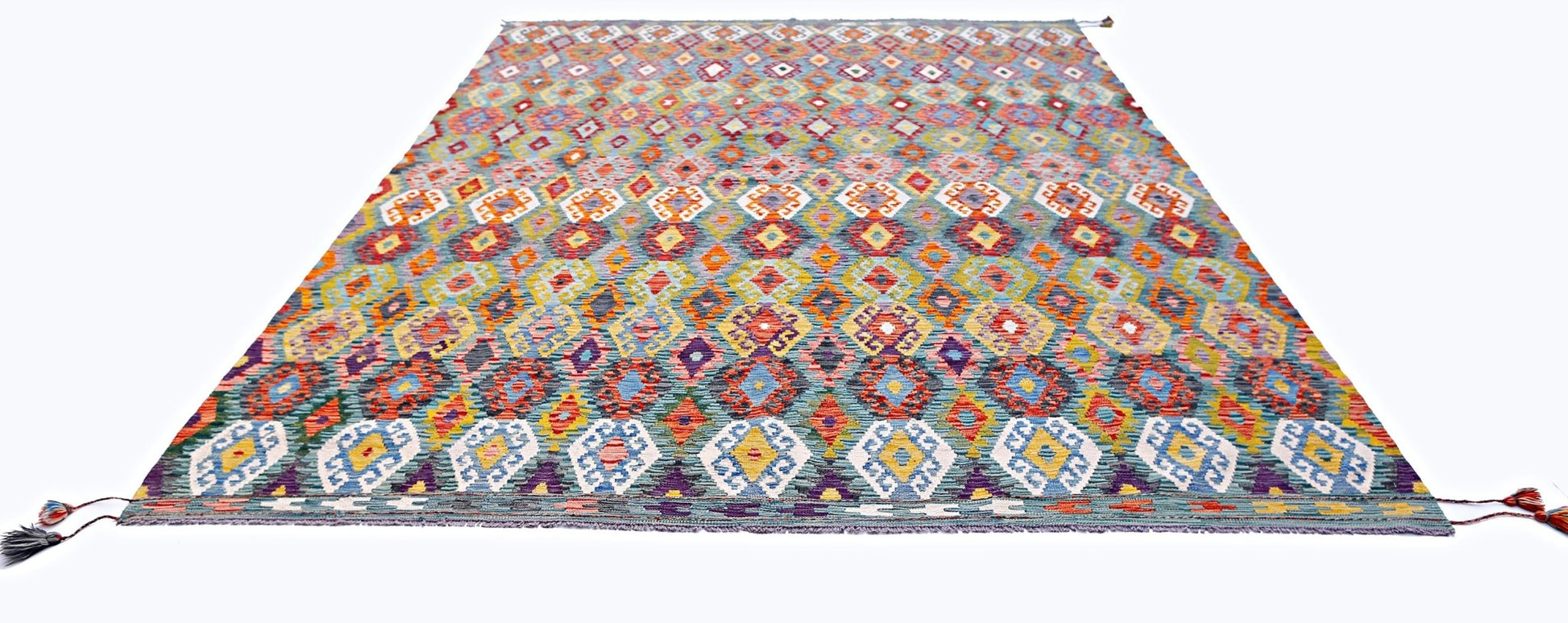 Handwoven Afghan Maimana kilim rug featuring a colorful geometric diamond pattern in wool.