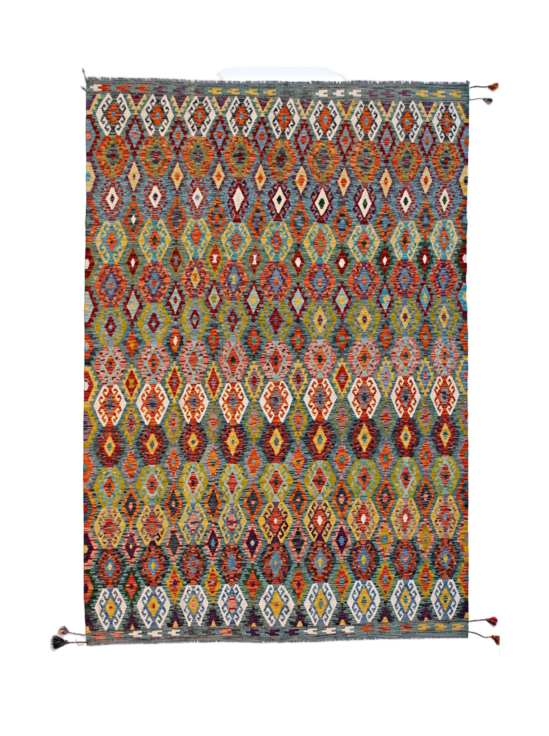 Handwoven Afghan Maimana kilim rug featuring a vibrant, multicolored geometric diamond pattern.