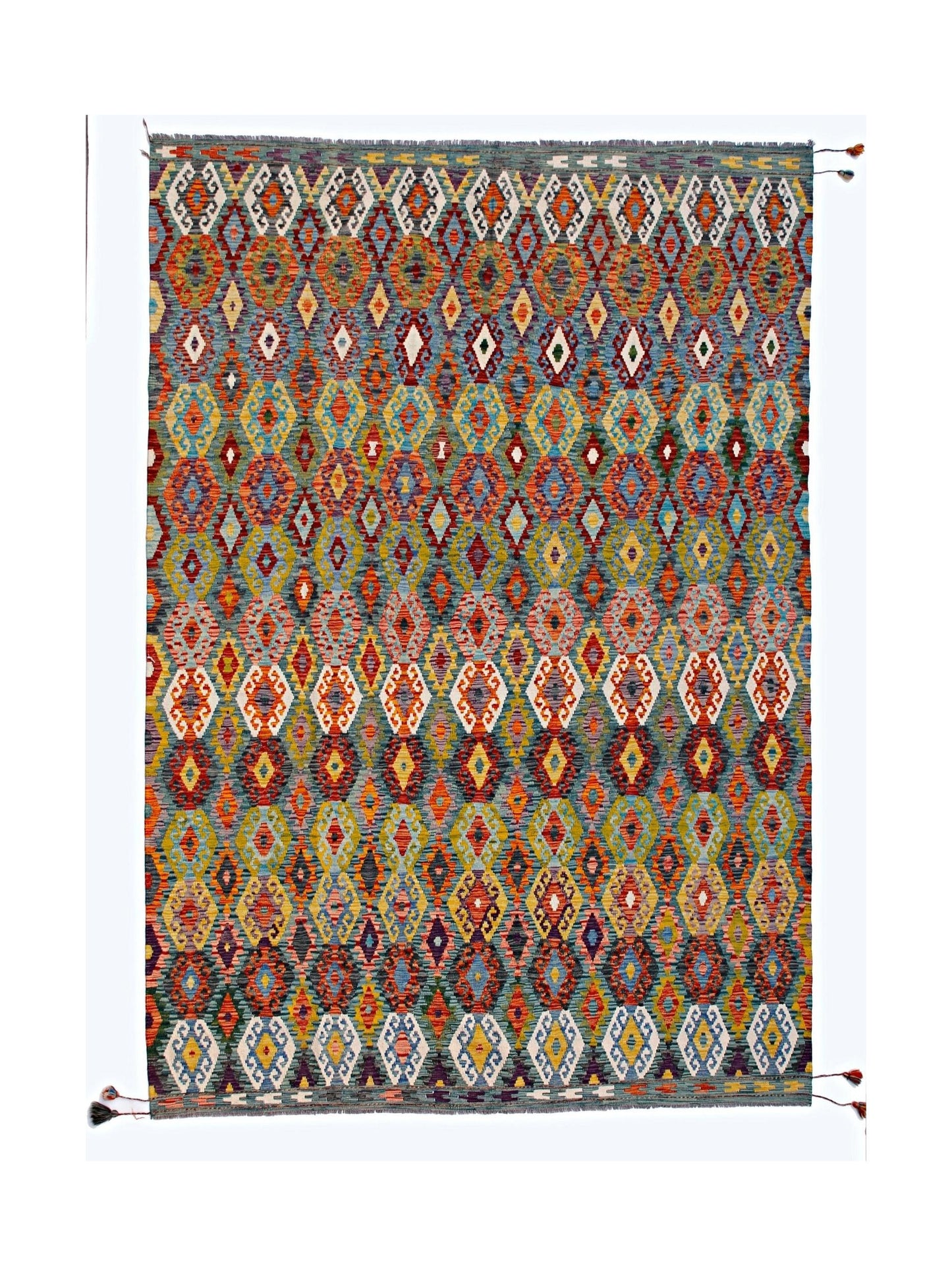 Handwoven Afghan Maimana kilim rug featuring a vibrant, multicolored geometric diamond pattern.