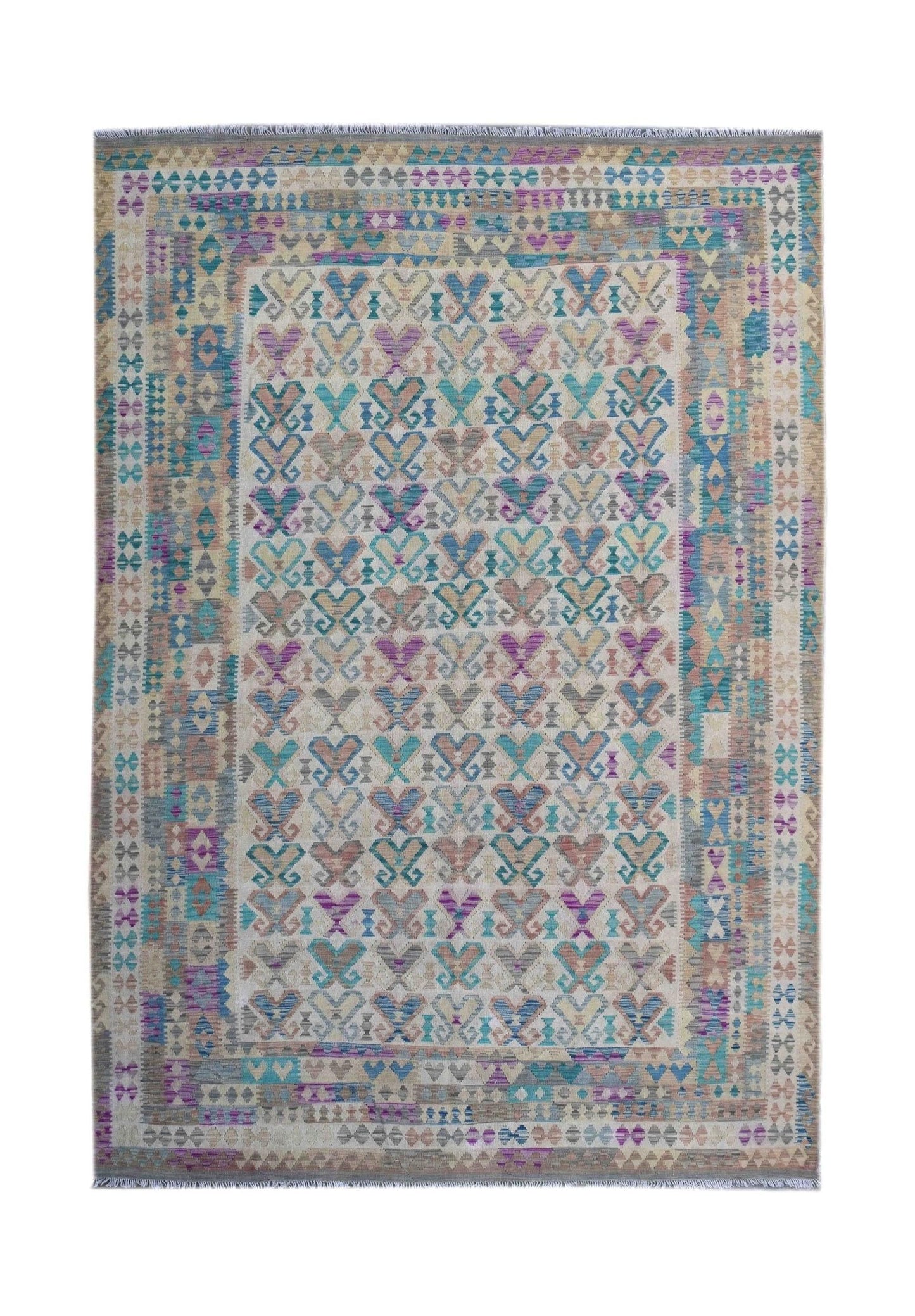 Handmade Afghan Maimana kilim rug featuring a geometric pattern in multicolored wool.