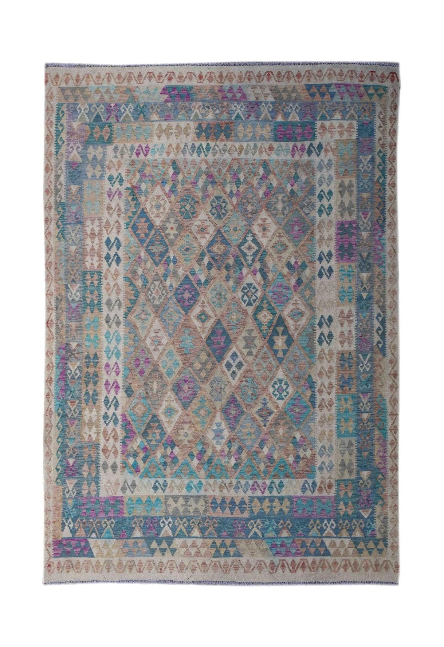 Handmade Afghan Maimana kilim rug featuring a colorful geometric diamond pattern.