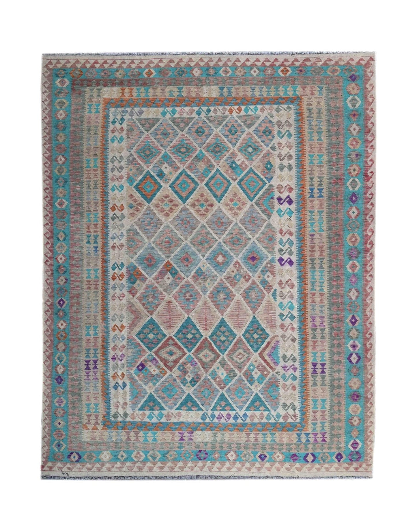 Handmade Afghan Maimana kilim rug featuring a geometric diamond pattern in blue and earthy tones.