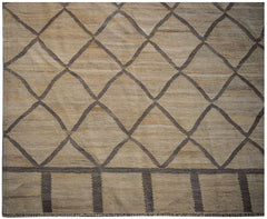 Handwoven Afghan Maimana kilim rug featuring a tan field with a dark brown diamond lattice pattern.