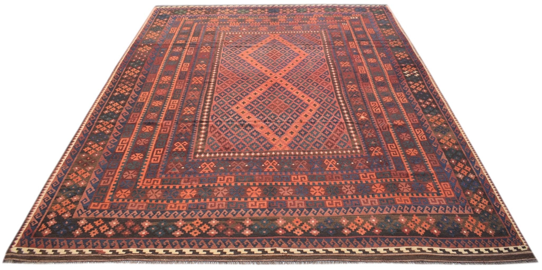 Handwoven Afghan Maimana kilim rug featuring a geometric diamond pattern in red and blue tones.