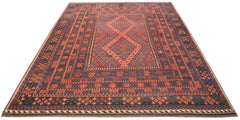 Handwoven Afghan Maimana kilim rug featuring a geometric diamond pattern in red and blue tones.
