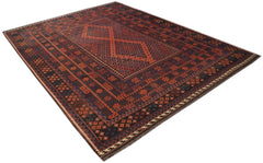 A rectangular Afghan Maimana kilim rug featuring a geometric diamond pattern in red and dark blue.