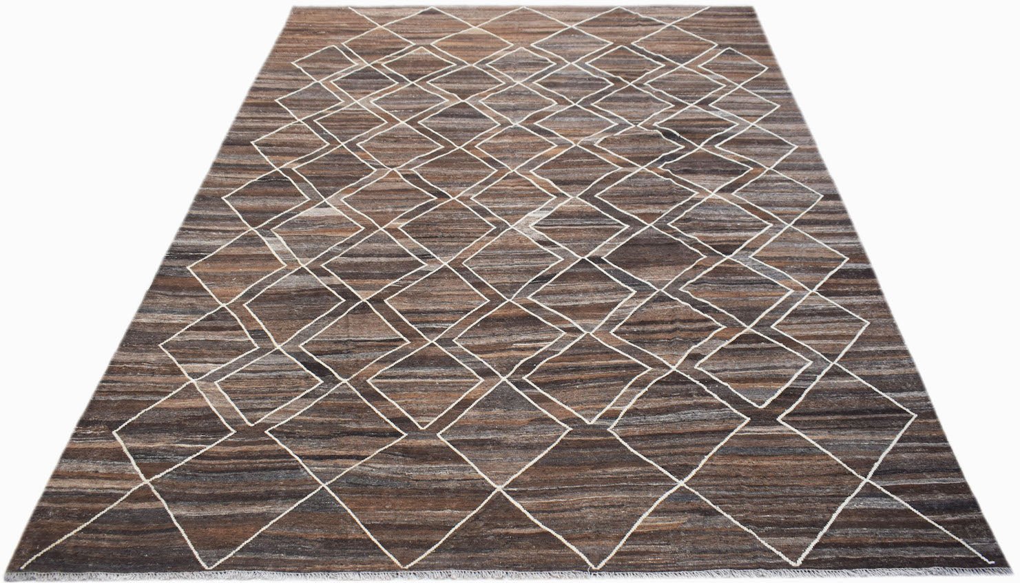 Handwoven Afghan Maimana kilim rug featuring a brown geometric diamond pattern in natural wool.