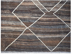 Handwoven Afghan Maimana kilim featuring a brown and grey striped pattern with white geometric lines.