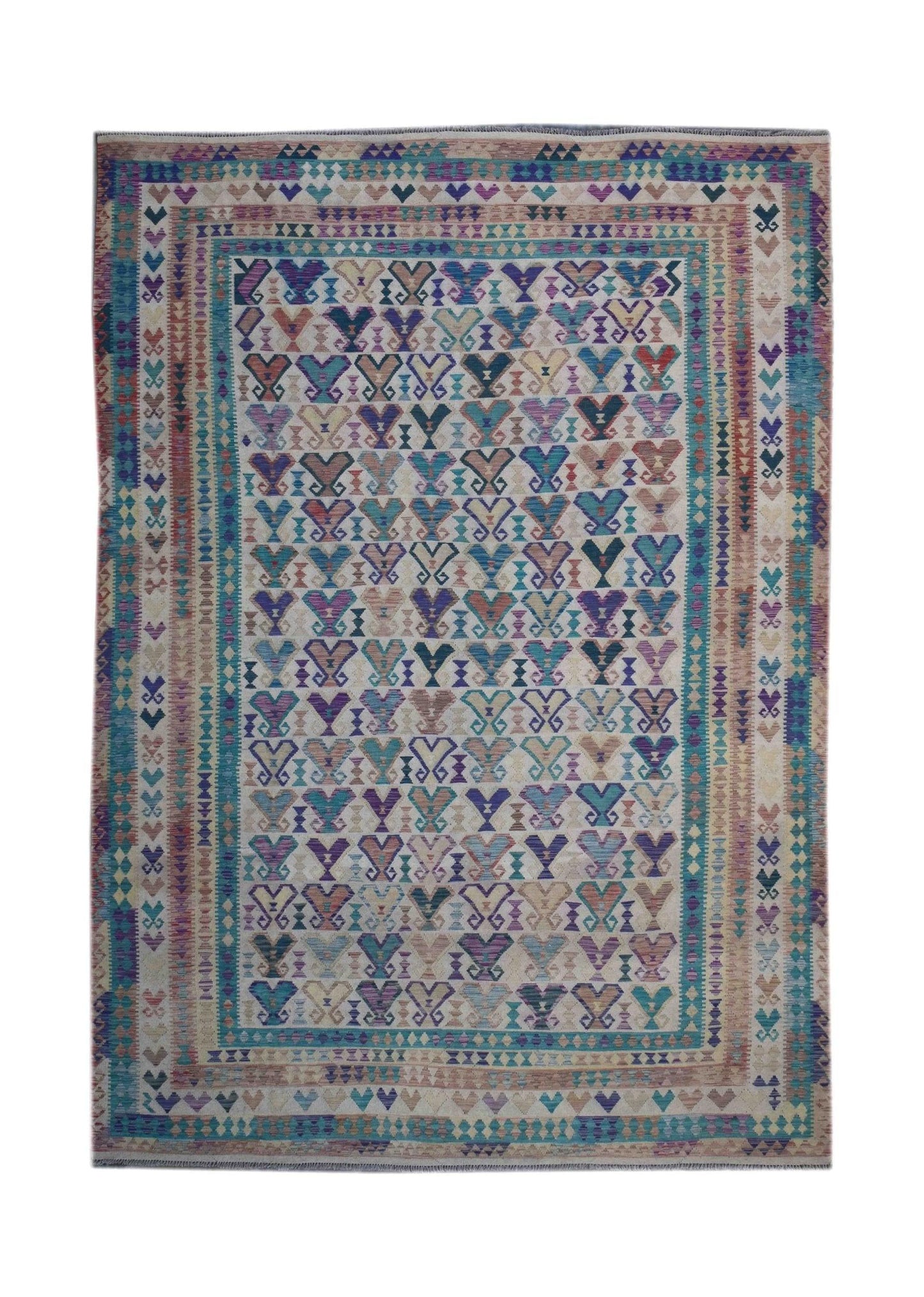 Handmade Afghan Maimana kilim rug featuring a geometric pattern in vibrant multicolored tones.