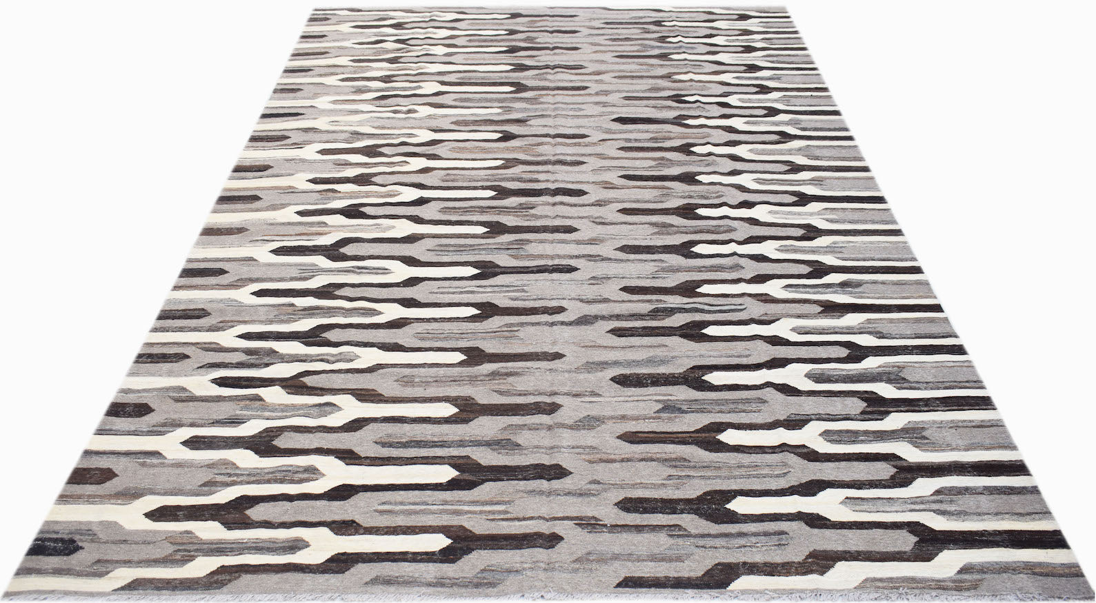 Afghan Maimana Kilim with a geometric pattern in shades of grey, white, and brown.