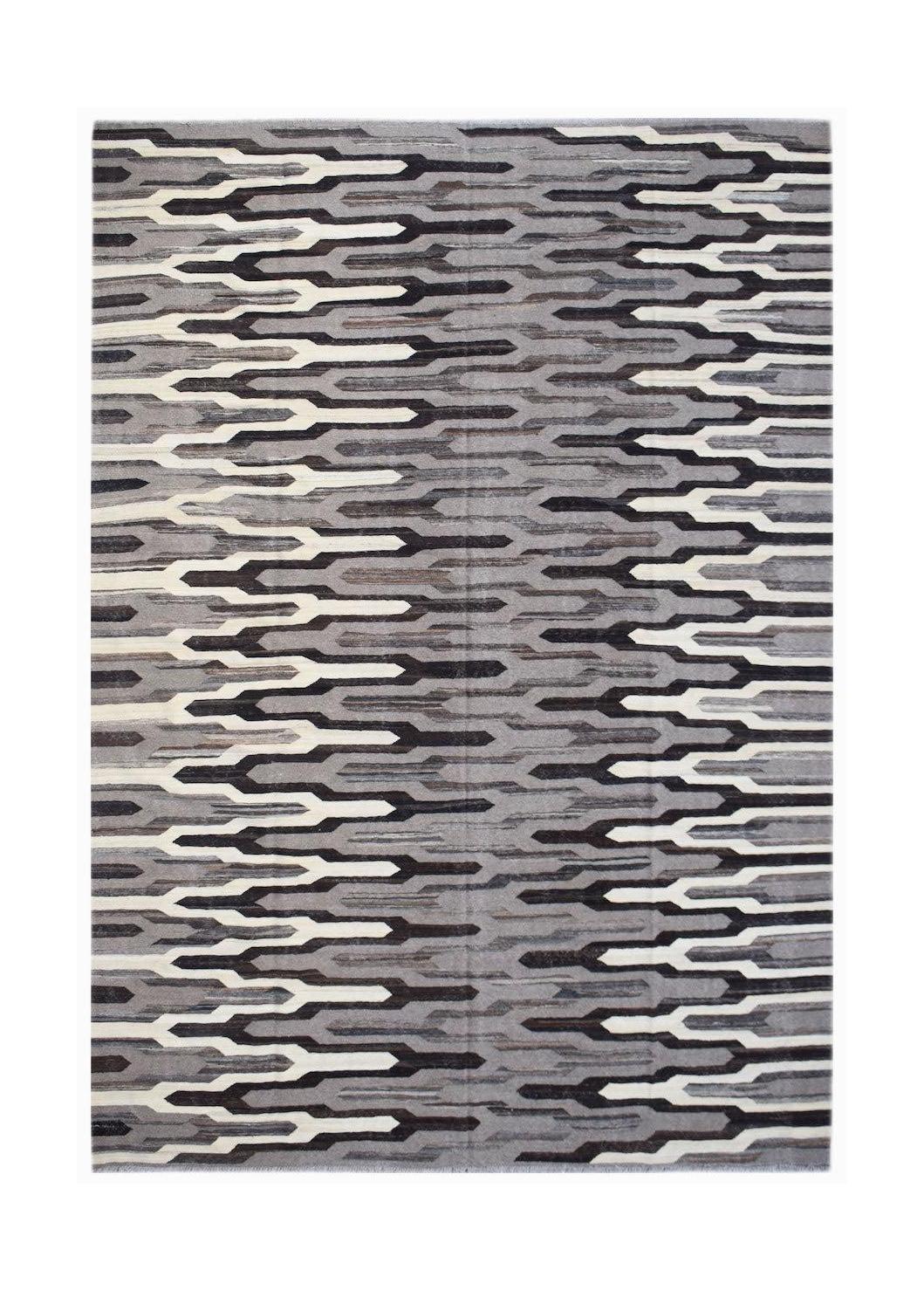 A handmade Afghan Maimana kilim rug featuring a repeating geometric pattern in shades of grey.