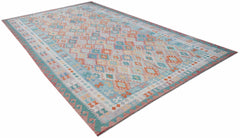 A rectangular Afghan Maimana kilim rug featuring a colorful geometric pattern in wool.