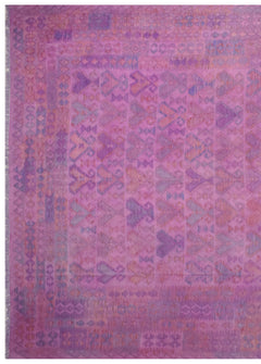 Handmade Afghan Maimana kilim rug featuring a geometric pattern in shades of pink and purple.