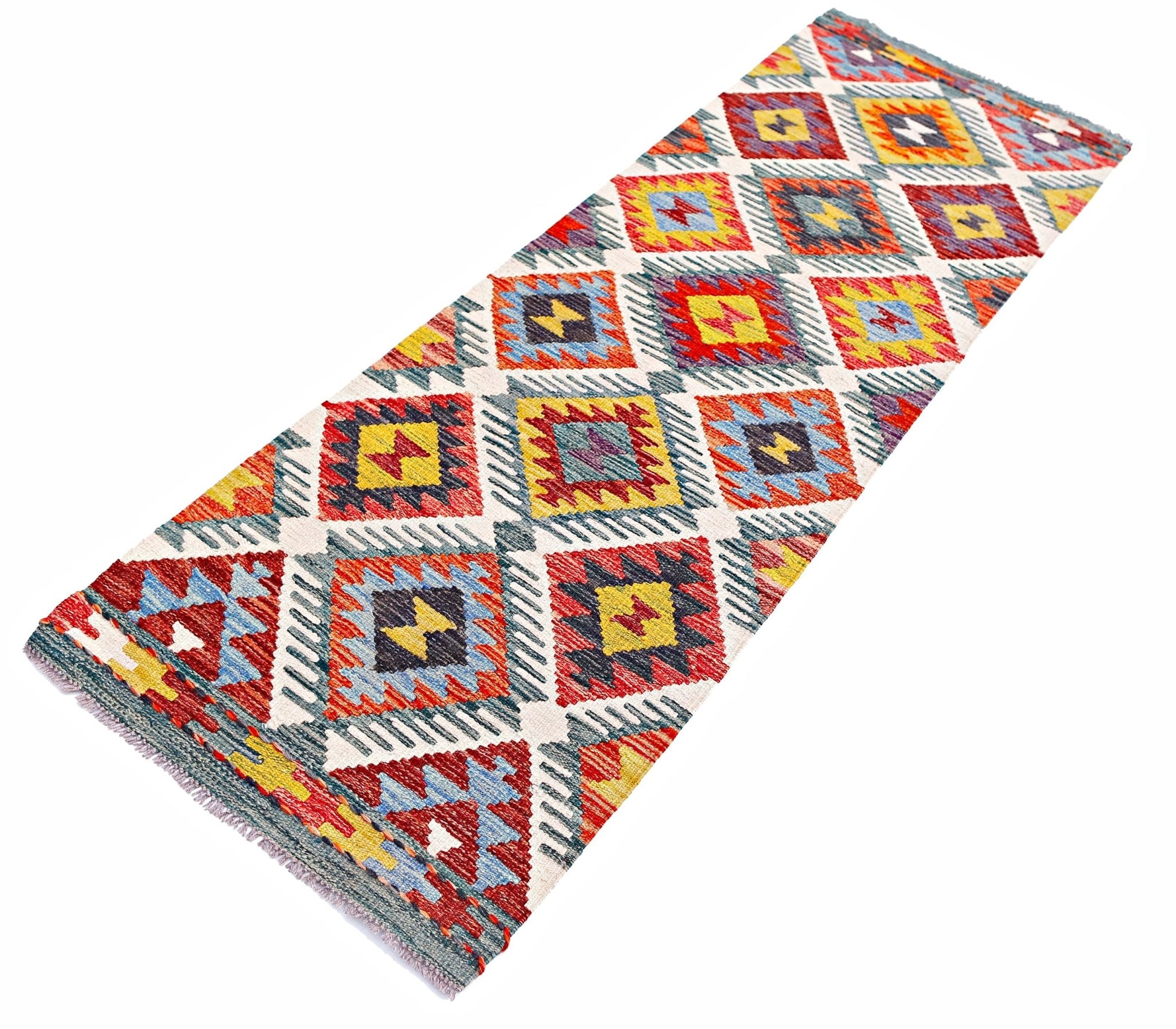 Handwoven Afghan Maimana wool runner featuring a colorful geometric diamond pattern.