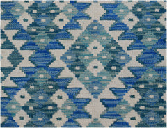Handwoven Afghan Maimana kilim runner featuring a geometric pattern in shades of blue and cream.