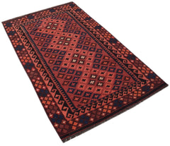 Handwoven Afghan Maimana kilim runner featuring a geometric pattern in red and dark blue wool.