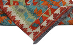 Handwoven Afghan Maimana wool kilim runner featuring a geometric pattern in vibrant colors.