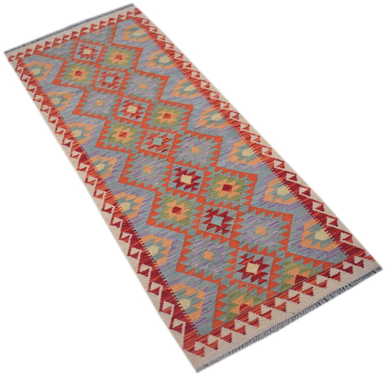 Handmade Afghan Maimana Kilim runner featuring a colorful geometric diamond pattern.