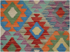 Handwoven Afghan Maimana kilim runner featuring a vibrant geometric diamond pattern in wool.