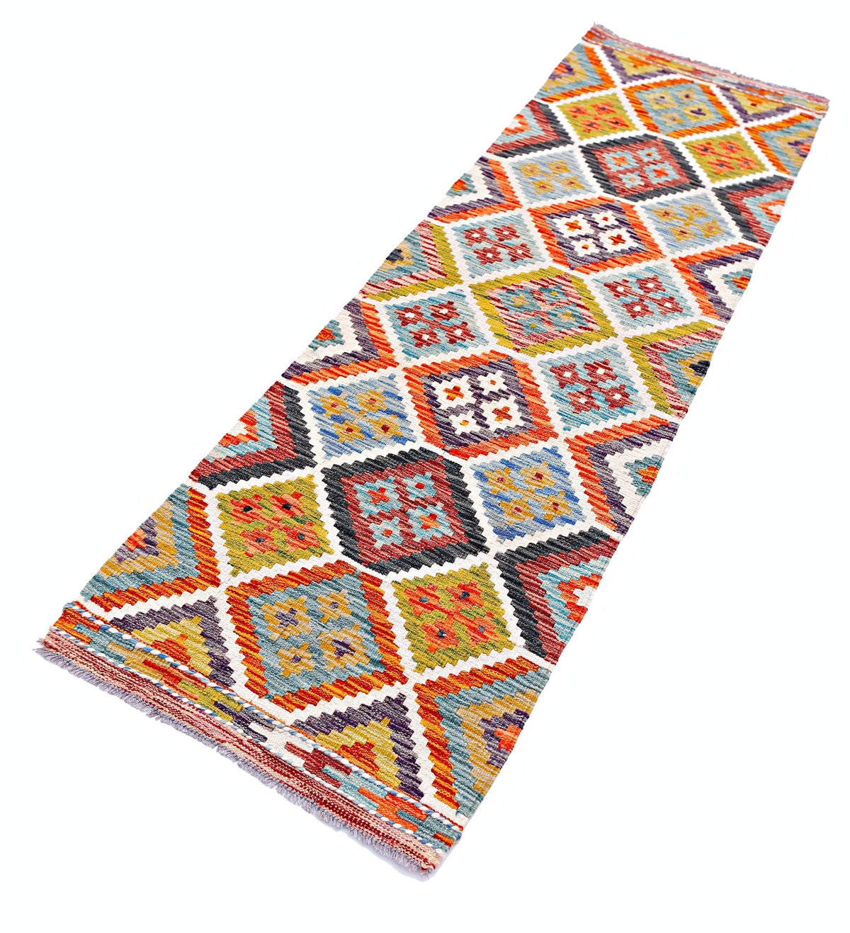 Handwoven Afghan Maimana wool runner rug featuring a colorful geometric diamond pattern.