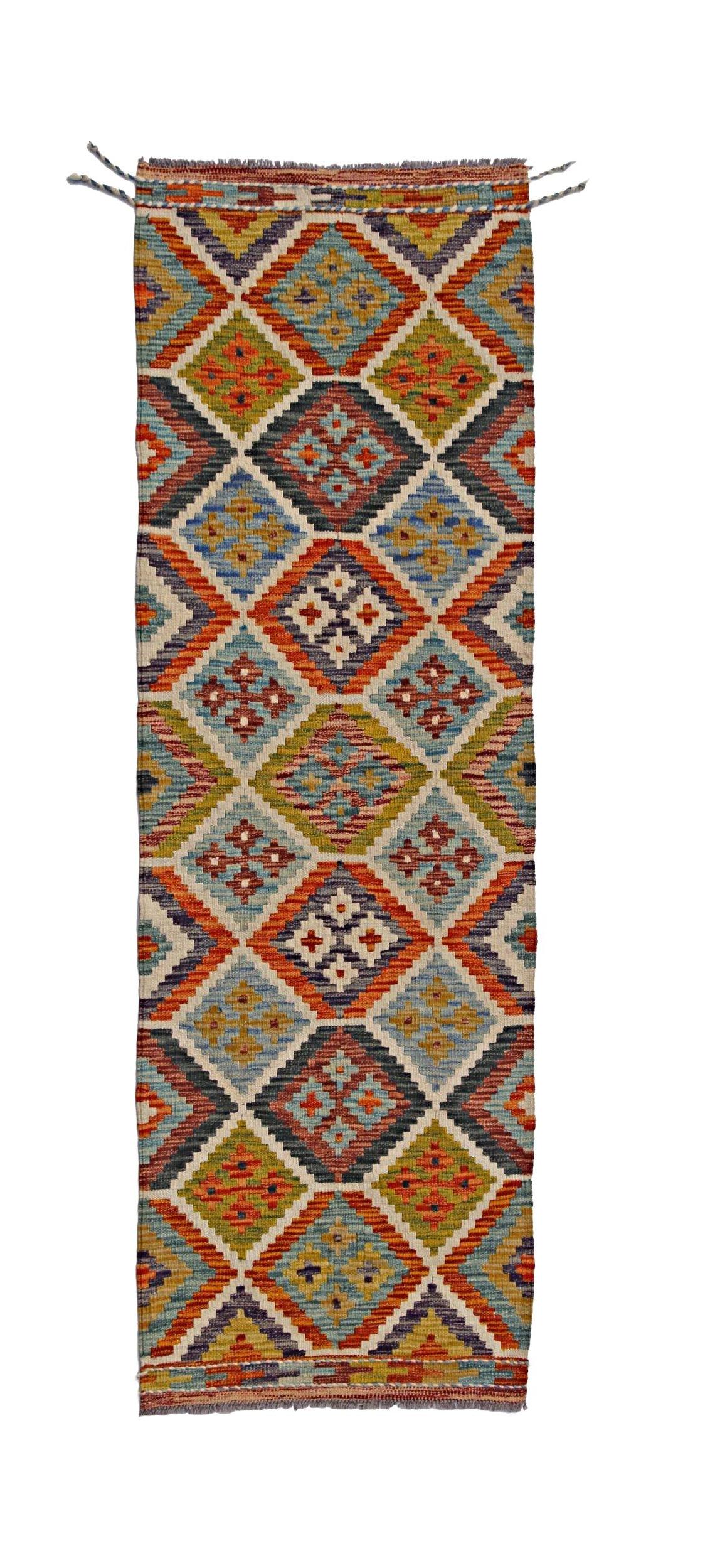 Handwoven Afghan Maimana wool runner featuring a colorful geometric diamond pattern.