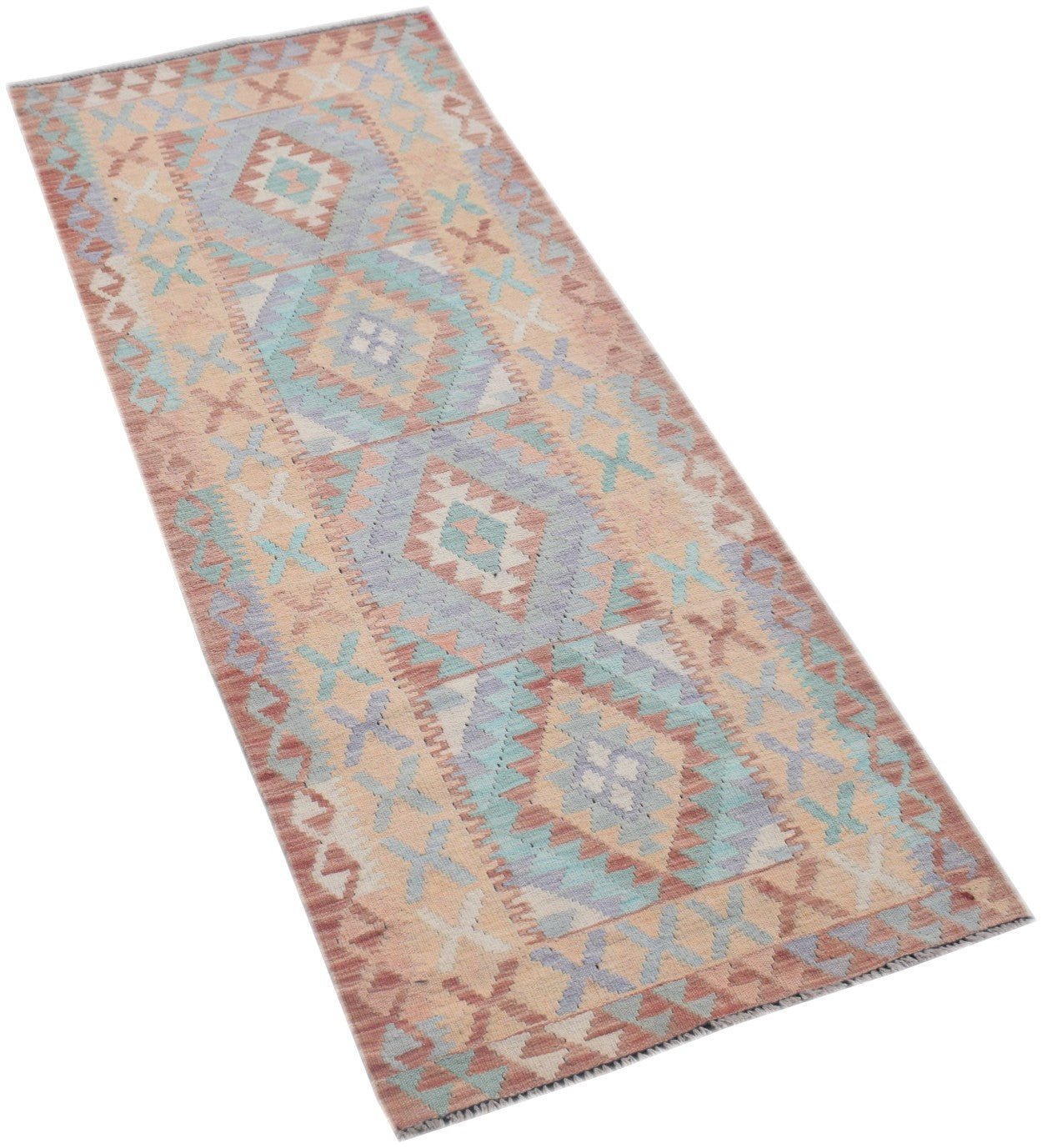 Handmade Afghan Maimana wool runner rug featuring a geometric diamond pattern in pastel tones.