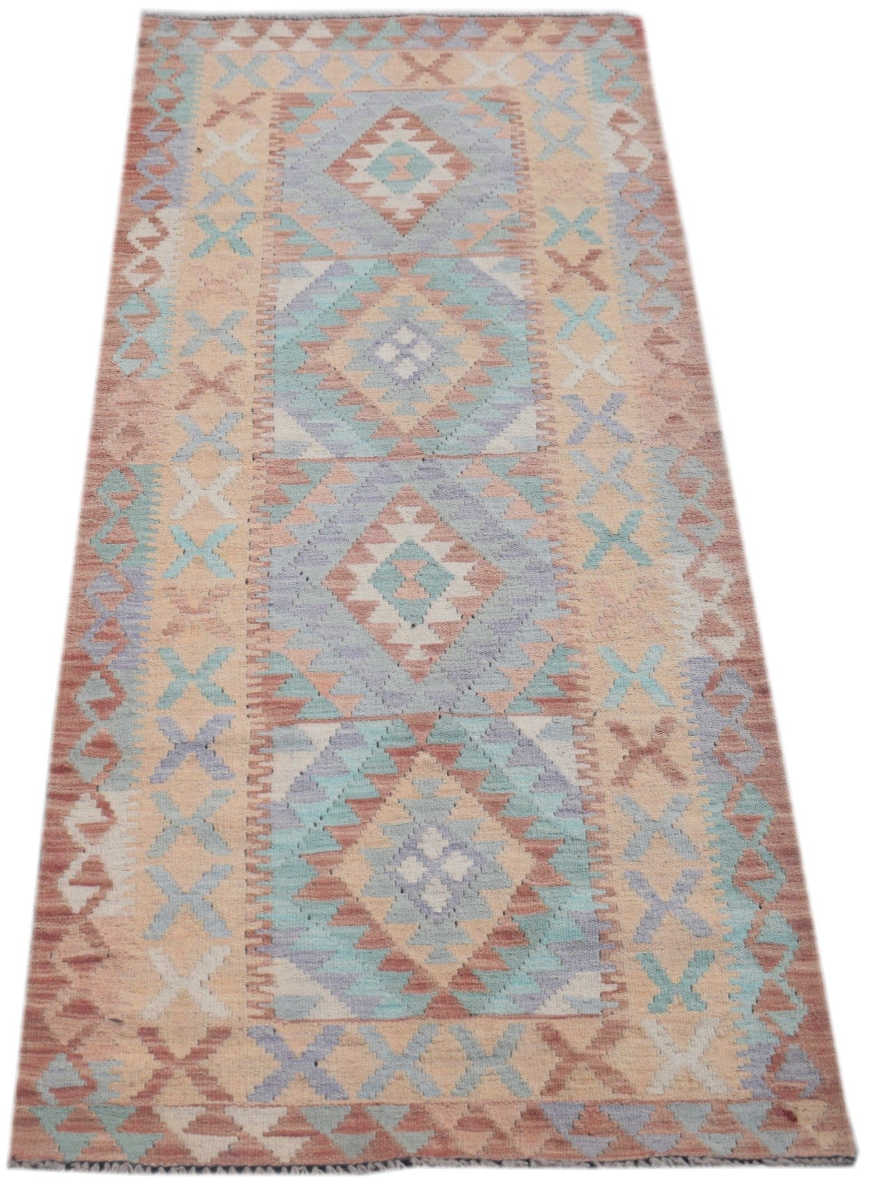 Handmade Afghan Maimana kilim runner featuring geometric diamond patterns in soft pastel tones.