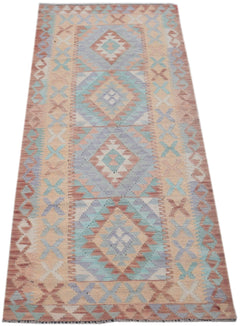 Handmade Afghan Maimana kilim runner featuring geometric diamond patterns in soft pastel tones.