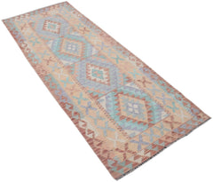 Handmade Afghan Maimana Kilim runner featuring a geometric pattern in soft pastel tones.