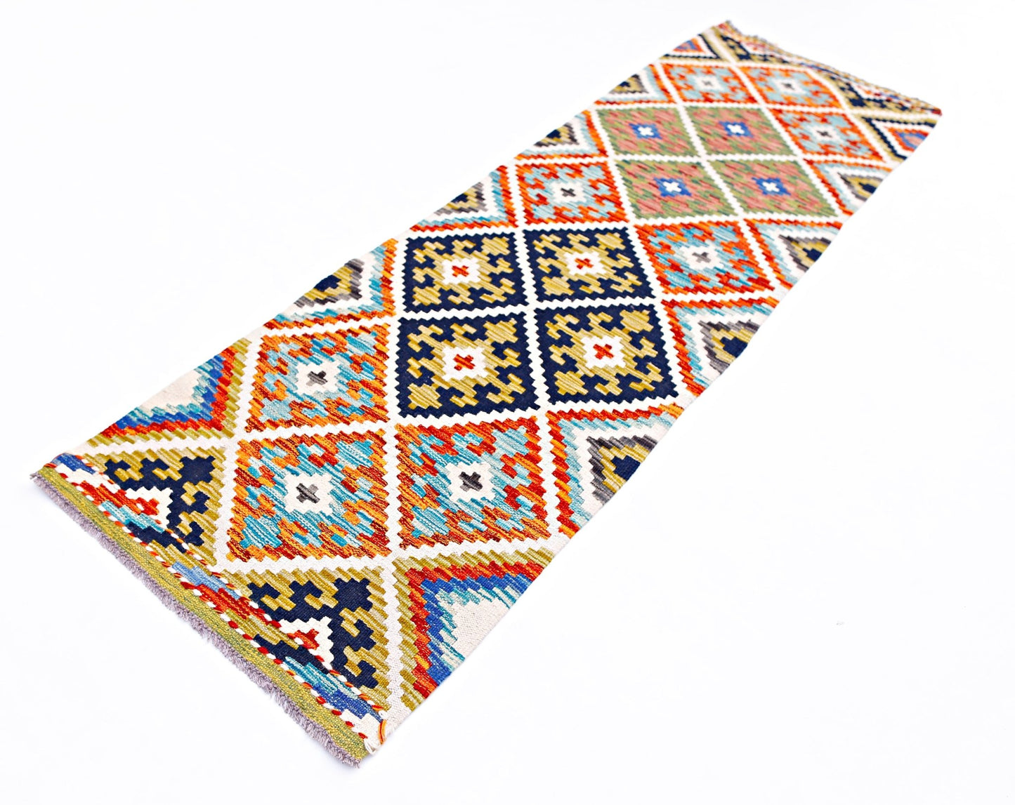 Handwoven Afghan Maimana wool runner rug featuring a colorful geometric diamond pattern.
