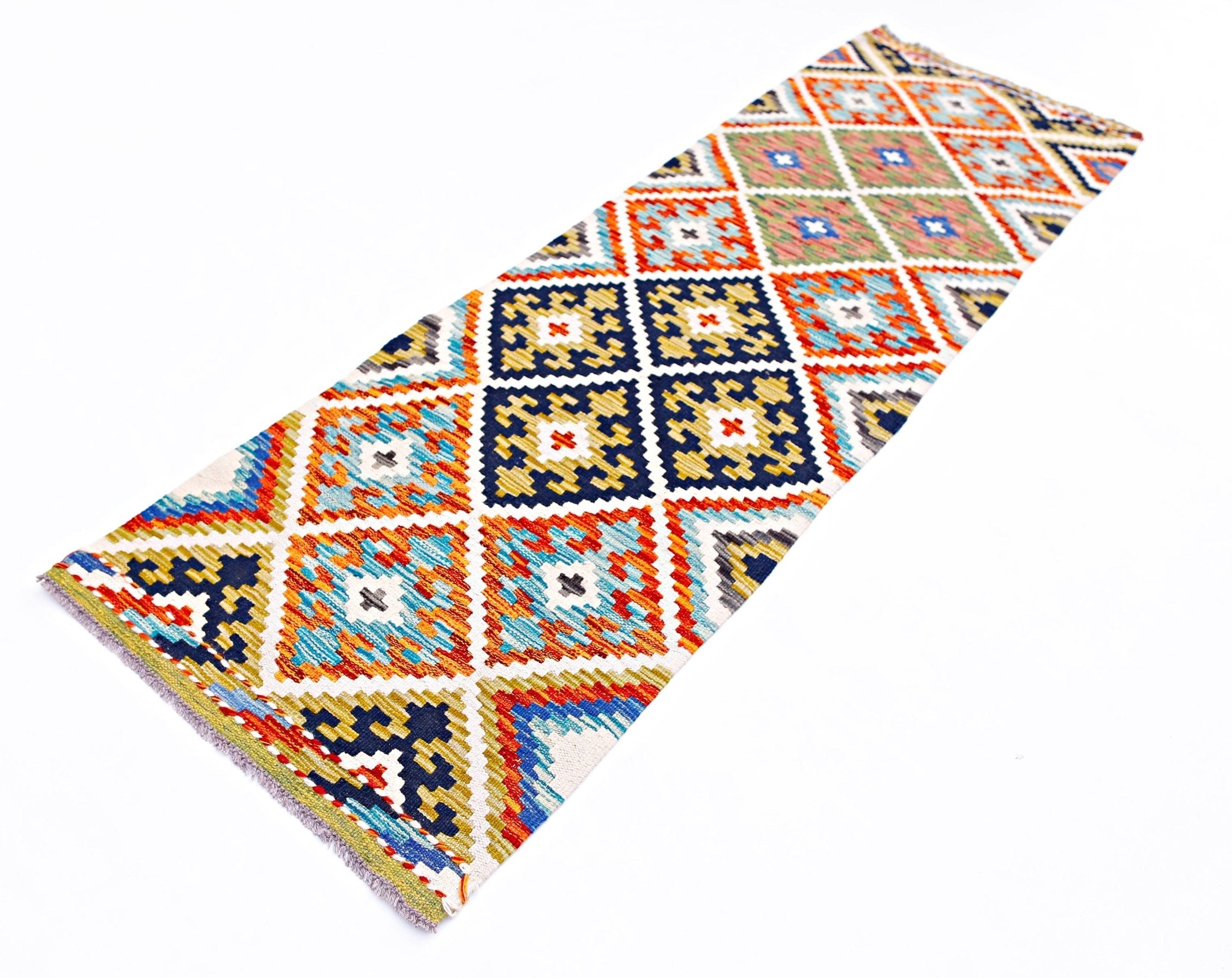 Handwoven Afghan Maimana wool runner rug featuring a colorful geometric diamond pattern.