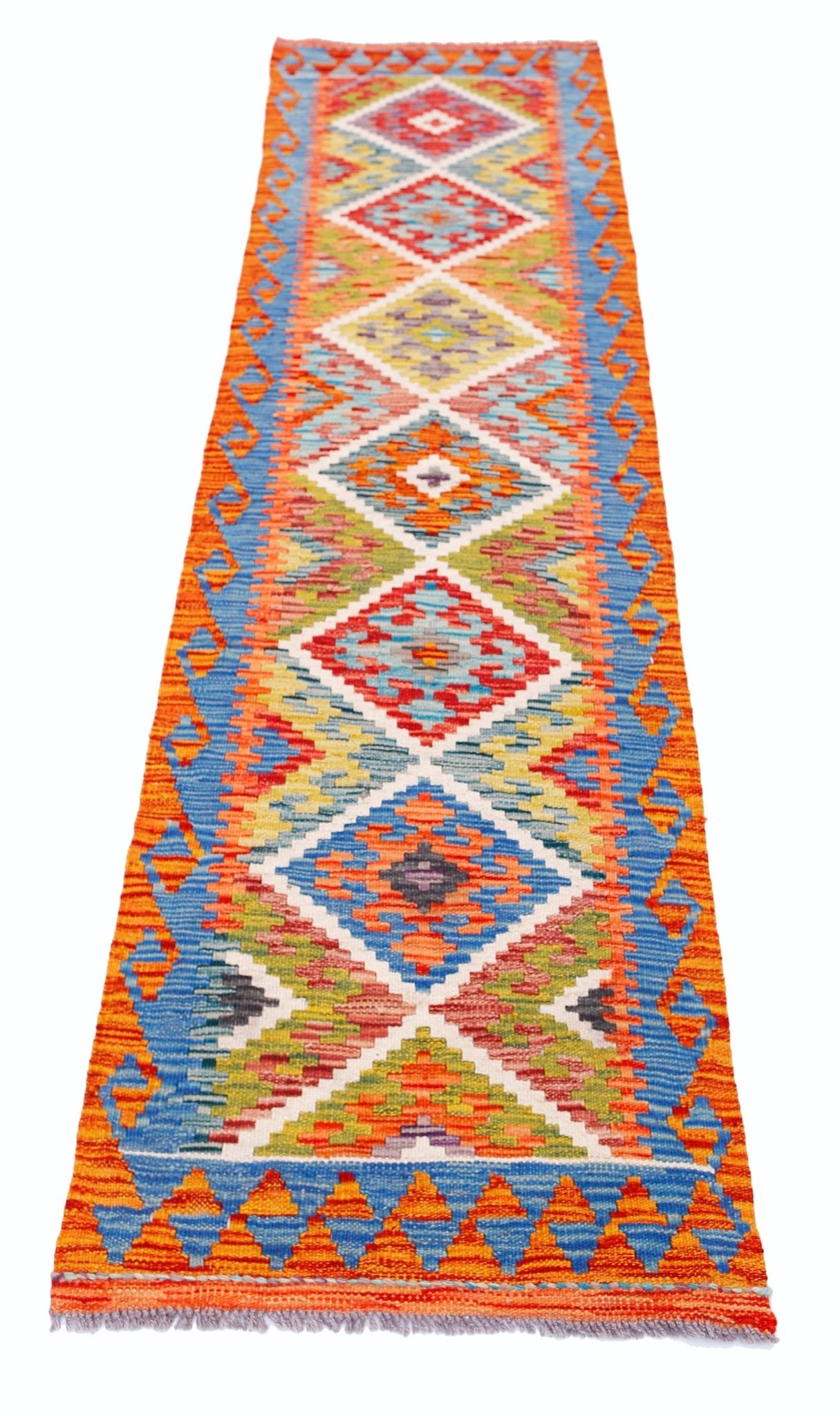 A handmade Afghan Maimana wool runner rug featuring a vibrant geometric diamond pattern.