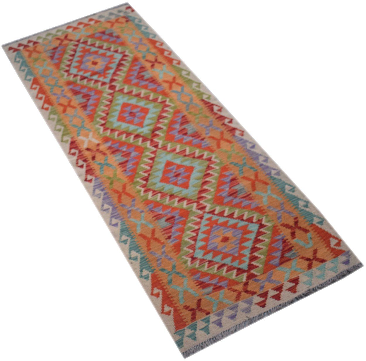Handmade Afghan Maimana wool runner rug featuring a colorful geometric diamond pattern.