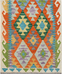 Handwoven Afghan Maimana wool runner featuring a vibrant geometric diamond pattern.