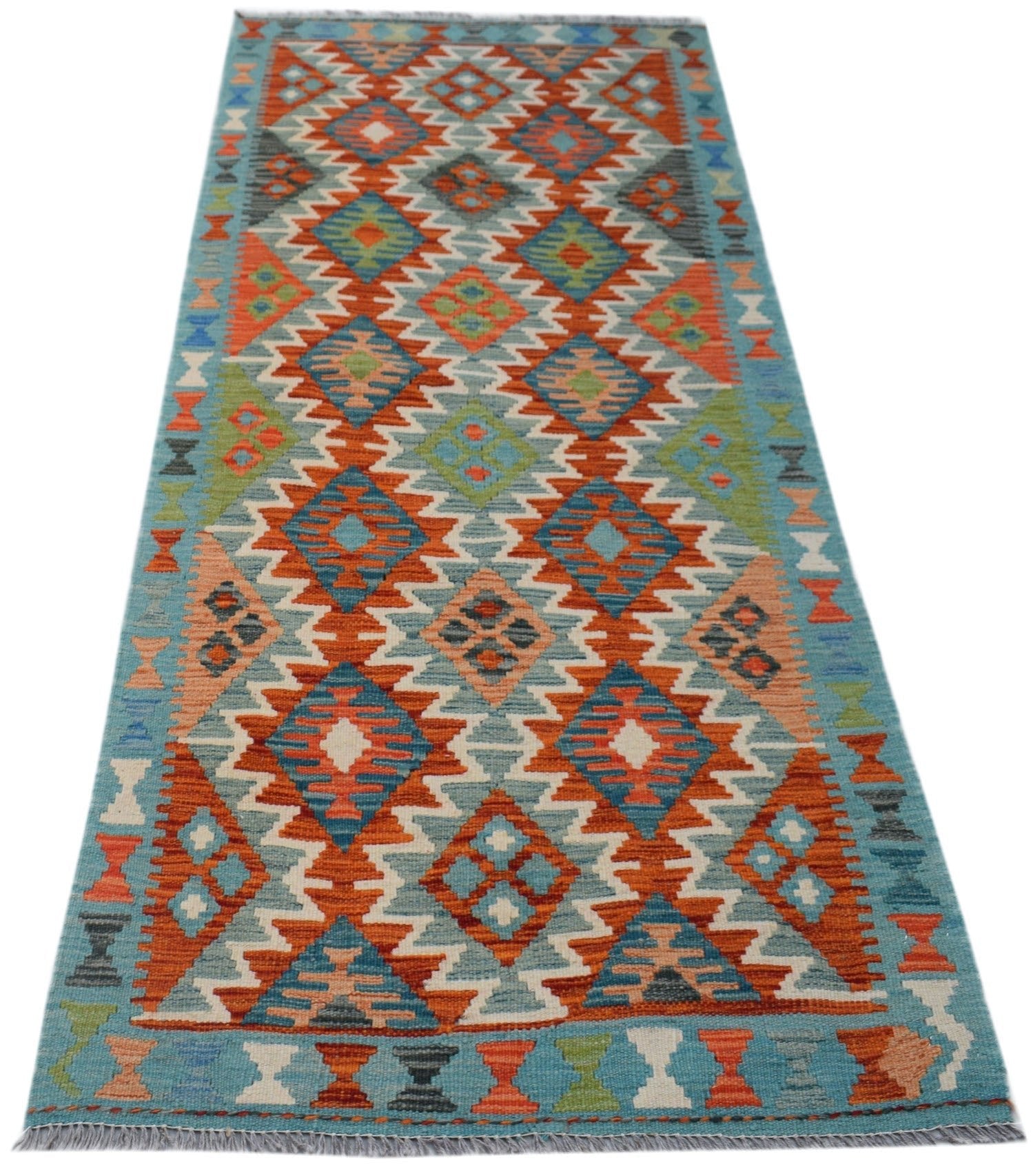 Handwoven Afghan Maimana wool runner rug featuring a vibrant geometric diamond pattern.