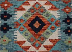 Handwoven Afghan Maimana wool runner featuring a geometric diamond pattern in blue and orange.